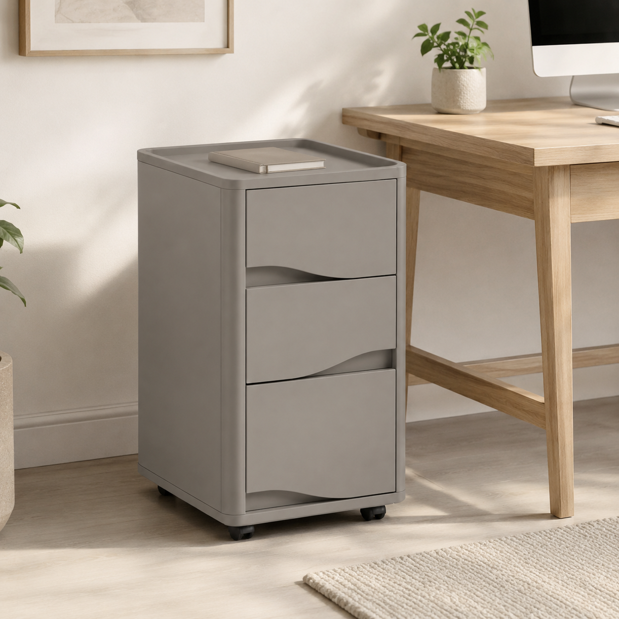 Ripple-Front Rolling Cabinet - Warm Gray