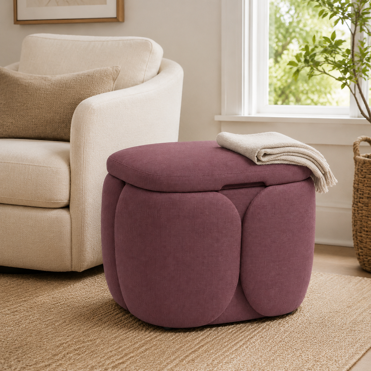 Petal-Panel Storage Ottoman - Deep Mauve