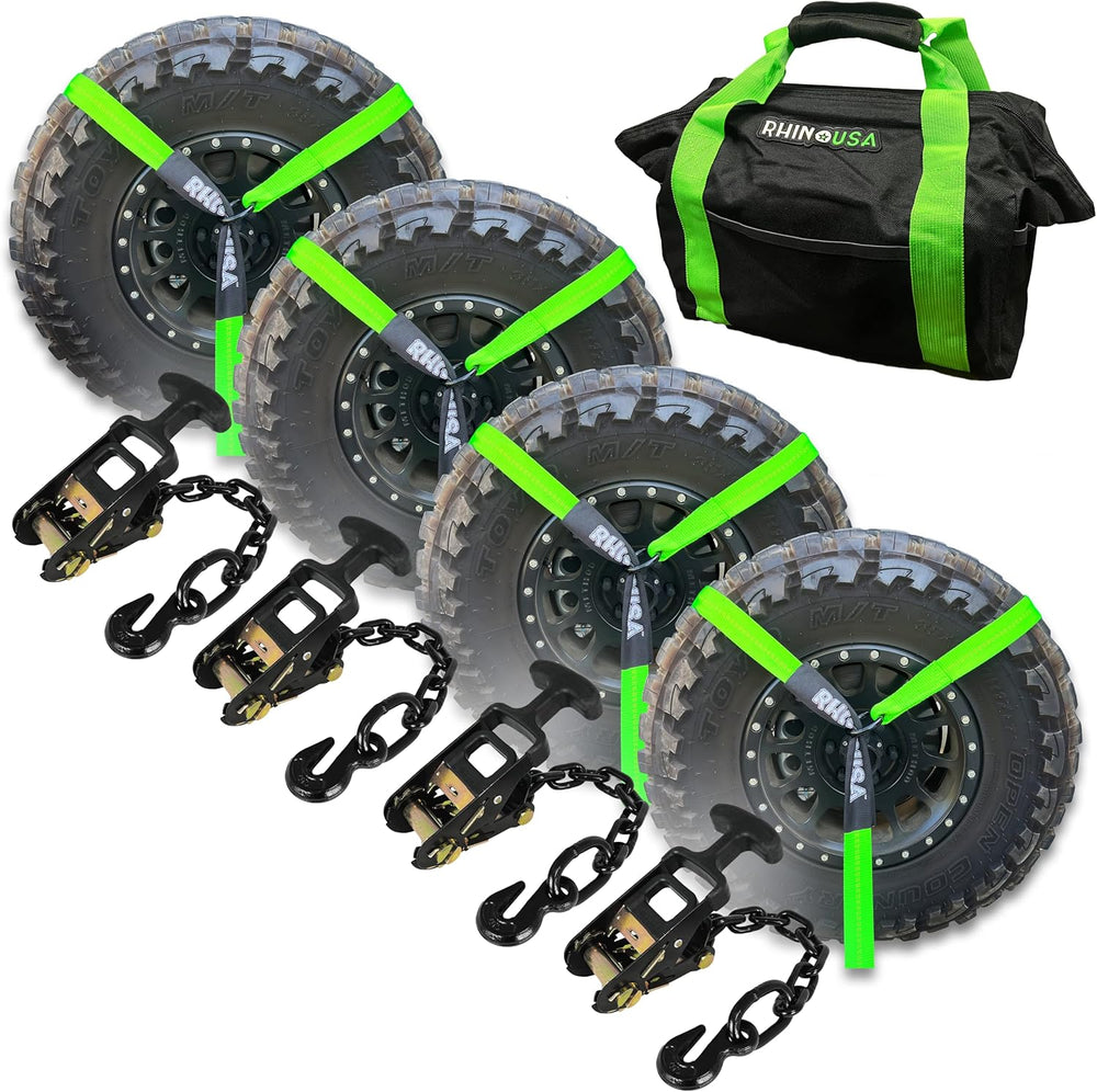 Car Tie Down Straps for Trailers with Flat Hooks (4-Pack) - 2 Inch x 8 Feet (10,000lb Break Strength) - Heavy Duty T-Handle Car Lasso Tire Straps for Trailer & UTV - Black