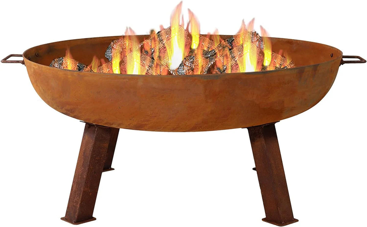 34-Inch Rustic Cast Iron Outdoor Raised Fire Pit Bowl with Handles - Oxidized Finish