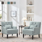 Set of 2 Arm Chair Upholstered Button Tufted Accent Chair with Lumbar Pillow Beige/ Grey/ Light Blue