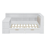 L-shaped Wooden Sofa Daybed with Desk, Bookcase Cabinet, Corner Bed with Under-bed Drawers, Upholstered Headboard Built-in Light