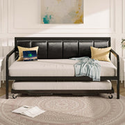 Rolanstar Daybed with Charging Station and LED Lights, Height Adjustable Twin Daybed with Trundle, Metal Sofa Bed Frame with Steel Slat Support