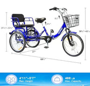 Tricycle 7 Speed, 20 inch 3 Wheel Bikes Folding Tricycle for Adults Star Strip Blue