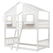 Twin over Twin House Bunk Bed with Roof , Window, Window Box, Door , with Safety Guardrails and Ladder, Grey