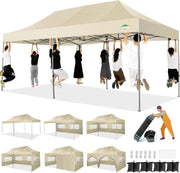 COBIZI 10x20 Heavy Duty Pop up Canopy Tent with 6 sidewalls Easy Up Commercial Outdoor Canopy Wedding Party Tents for Parties All Season Wind & Waterproof Gazebo with Roller Bag,Black(Frame Thickened)