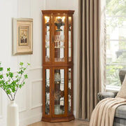 Corner Curio Cabinet with Lights, Adjustable Tempered Glass Shelves, Mirrored Back, Display Cabinet