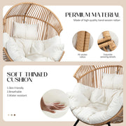 Walsunny Egg Chairs Outdoor Patio Wicker Oversized Egg Shell Lounger Lawn Chair with Cushion for Indoor Outside Porch Balcony Backyard, Original Wood Color Rattan Beige Cushion