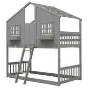Twin over Twin House Bunk Bed with Roof , Window, Window Box, Door , with Safety Guardrails and Ladder, Grey