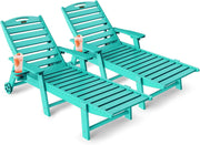 Lounge Chair Outdoor, Chaise Lounge, HDPE 6-Position Outdoor Chaise Lounge, Patio Lounge Chair with Wheels & Cup Holder for Pool Poolside Deck Backyard, Teak