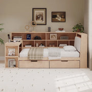 L-shaped Wooden Sofa Daybed with Desk, Bookcase Cabinet, Corner Bed with Under-bed Drawers, Upholstered Headboard Built-in Light