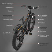 26 In.48V 13Ah 750W Mountain Electric Bikes for Adults Men, 26"x4.0 Fat Tire Electric Bicycle 7 speeds Gear Outdoor Ebikes, Black,S48