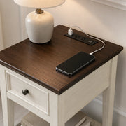 Narrow End Table with USB Charging, Drawer & Shelf, Farmhouse Style