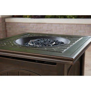 2025 5-piece steel patio fire pit seating set with navy blue cushions, swivel gliders and square fire pit table