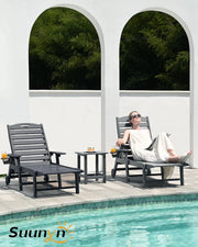 Lounge Chair Outdoor, Chaise Lounge, HDPE 6-Position Outdoor Chaise Lounge, Patio Lounge Chair with Wheels & Cup Holder for Pool Poolside Deck Backyard, Teak