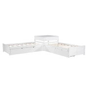 White Modern Twin Size L-shaped Platform Bed with Trundle and Drawers for Bedroom