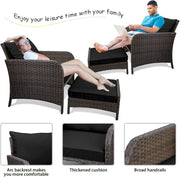 LEVELEVE Balcony Furniture 5 Piece Patio Conversation Set, PE Wicker Rattan Outdoor Lounge Chairs with Soft Cushions 2 Ottoman&Glass Table for Porch, Lawn-Brown Wicker