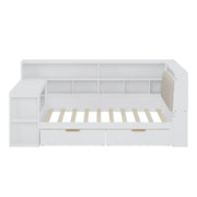 L-shaped Wooden Sofa Daybed with Desk, Bookcase Cabinet, Corner Bed with Under-bed Drawers, Upholstered Headboard Built-in Light
