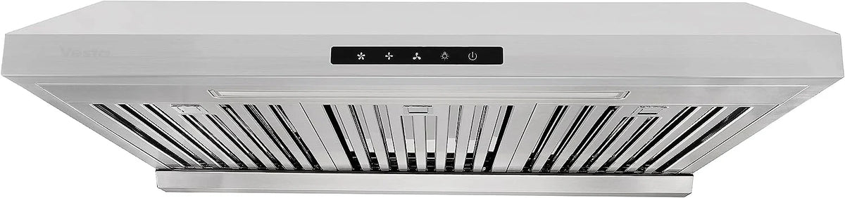 Powerful 30 Inch Under Cabinet Range Hood With Seamless Stainless Steel Body, Twin Turbo Motors, 3 Speed Touch Screen, Round Vent, Baffle Filters, LED Lights, Oil Collector
