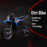 36V Kids Electric Dirt Bike, 36V, 350W, 15.5MPH, LED, 175lbs Max – Blue