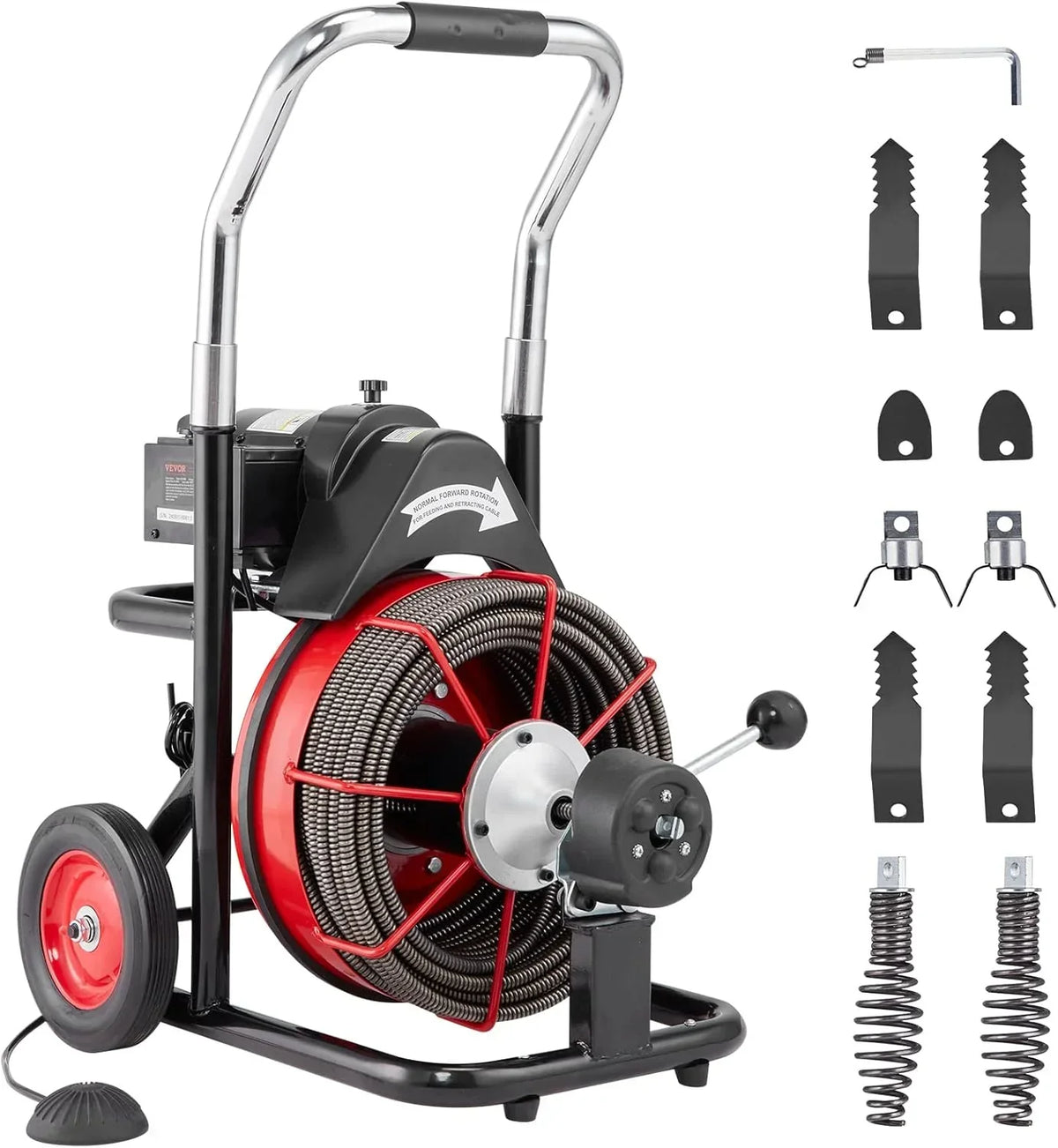 Drain Cleaner Machine 100FT x 1/2 Inch, Auto Feed Sewer Snake Auger on Wheels, 550W Portable Drain Cleaning Machine with 8 Cutters & Air-activated Foot Switch for 2" to 4" Pipes