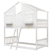 Twin over Twin House Bunk Bed with Roof , Window, Window Box, Door , with Safety Guardrails and Ladder, Grey