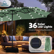 15ft Double Sided Patio Umbrella with Solar Lights, Outdoor Large Umbrellas with Crank Handle and 36 LED Lights, Rectangular Market Umbrella with Base Included for Deck Pool Shade