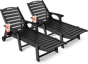 Lounge Chair Outdoor, Chaise Lounge, HDPE 6-Position Outdoor Chaise Lounge, Patio Lounge Chair with Wheels & Cup Holder for Pool Poolside Deck Backyard, Teak