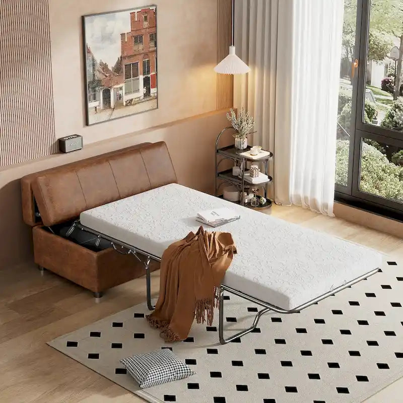 Twin Size Folding Pull out Ottoman Sleeper Bed with Mattress Convertible Guest Bed, PU Upholstered Sleeper Sofa