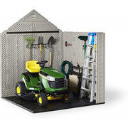 Rubbermaid 7×7 Ft Durable Weather Resistant Resin Outdoor Garden Storage Shed with Windows and Utility Hooks, Sand