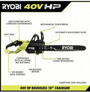 Ryobi 18′′ 40V Cordless Chainsaw Kit with Battery & Charger, Green