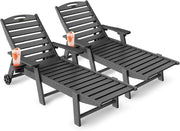 Lounge Chair Outdoor, Chaise Lounge, HDPE 6-Position Outdoor Chaise Lounge, Patio Lounge Chair with Wheels & Cup Holder for Pool Poolside Deck Backyard, Teak