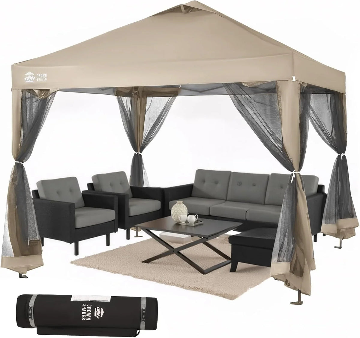 CROWN SHADES 13x13 Pop Up Gazebo, Canopy Tent, Gazebos on Clearance - Outdoor Gazebo for Backyard & Patio Furniture - Carpa Pop Up Tent with Wheeled STO-N-Go Cover Bag (Beige & Coffee)