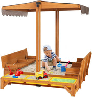 Kids Wooden Outdoor Sandbox w/Canopy, 2 Foldable Bench Seats, Retractable Roof Sand Protection Liner 47x47-Inch
