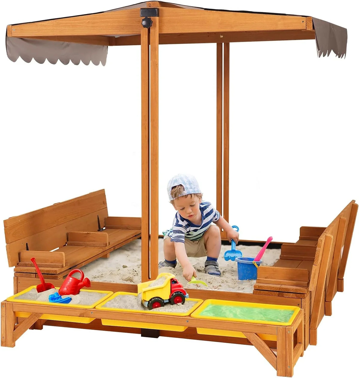 Kids Wooden Outdoor Sandbox w/Canopy, 2 Foldable Bench Seats, Retractable Roof Sand Protection Liner 47x47-Inch