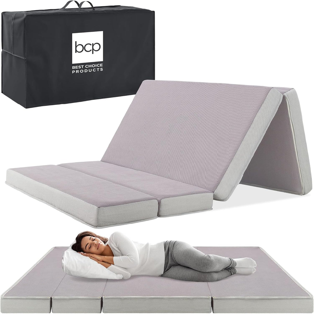 Best Choice Products 4in Portable Queen-Size Mattress, Tri-Fold Mattress for Camping, Guest, Toddler, Foam Plush w/Carry Case - Grey