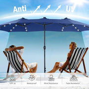 15ft Double Sided Patio Umbrella with Solar Lights, Outdoor Large Umbrellas with Crank Handle and 36 LED Lights, Rectangular Market Umbrella with Base Included for Deck Pool Shade