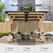 10x12FT Heavy Duty Premium Outdoor All-Season Wooden Cedar Hardtop Gazebo With Metal Roof & Back Curtains (SAK57184)