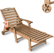 Lounge Chair Outdoor, Chaise Lounge, HDPE 6-Position Outdoor Chaise Lounge, Patio Lounge Chair with Wheels & Cup Holder for Pool Poolside Deck Backyard, Teak