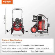 Drain Cleaner Machine 100FT x 1/2 Inch, Auto Feed Sewer Snake Auger on Wheels, 550W Portable Drain Cleaning Machine with 8 Cutters & Air-activated Foot Switch for 2" to 4" Pipes