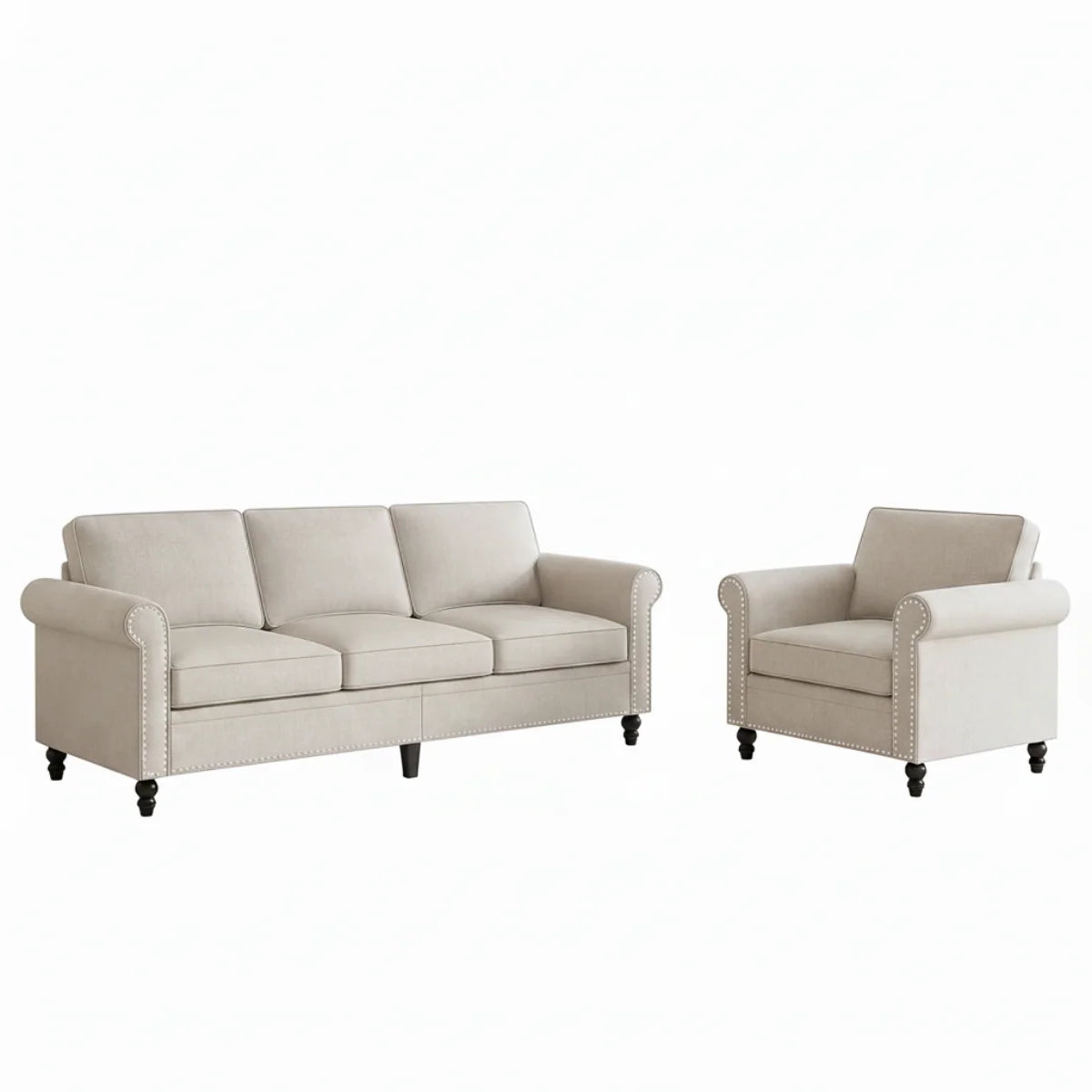 Beige Linen Sofa Set With Nailhead Trim Design