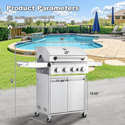 Upgraded 4 Burner BBQ Propane Gas Grill with Cast Iron Grates & Side Stove, 44,000 BTU Stainless Steel Burner Barbecue Grill for Patio, Camping, Outdoor Cooking MELLCOM