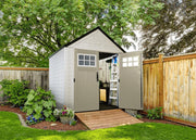 Rubbermaid Resin Outdoor Storage Shed With Floor (7 x 7 Ft) Weather Resistant Gray Organization for Home/Backyard/Garden Tools/Lawn Mower/Bike Storage/Pool Supplies