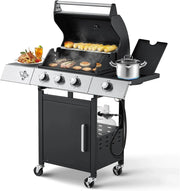 Upgraded 4 Burner BBQ Propane Gas Grill with Cast Iron Grates & Side Stove, 44,000 BTU Stainless Steel Burner Barbecue Grill for Patio, Camping, Outdoor Cooking MELLCOM