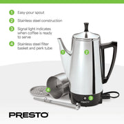 Presto Stainless Steel Coffee Maker, 12 Cup Robust Percolator Coffee, Silver - 2.79