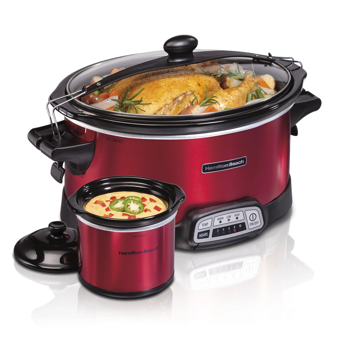 Hamilton Beach Stay or Go Programmable Slow Cooker with Party Dipper, 7 Quart Capacity, Removable Crock, Red, 33478