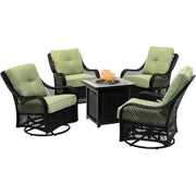 2025 5-piece steel patio fire pit seating set with navy blue cushions, swivel gliders and square fire pit table