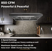 Powerful 30 Inch Under Cabinet Range Hood With Seamless Stainless Steel Body, Twin Turbo Motors, 3 Speed Touch Screen, Round Vent, Baffle Filters, LED Lights, Oil Collector