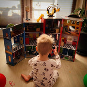 Wooden play set, 3 levels, with 26 accessories, folds for storage