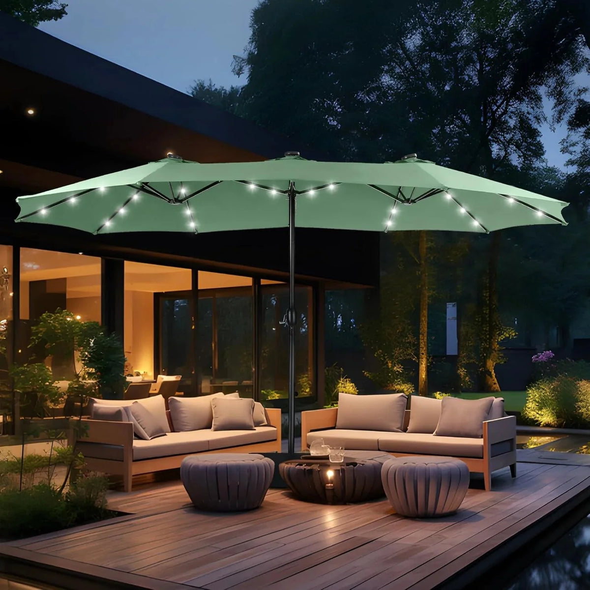 15ft Double Sided Patio Umbrella with Solar Lights, Outdoor Large Umbrellas with Crank Handle and 36 LED Lights, Rectangular Market Umbrella with Base Included for Deck Pool Shade